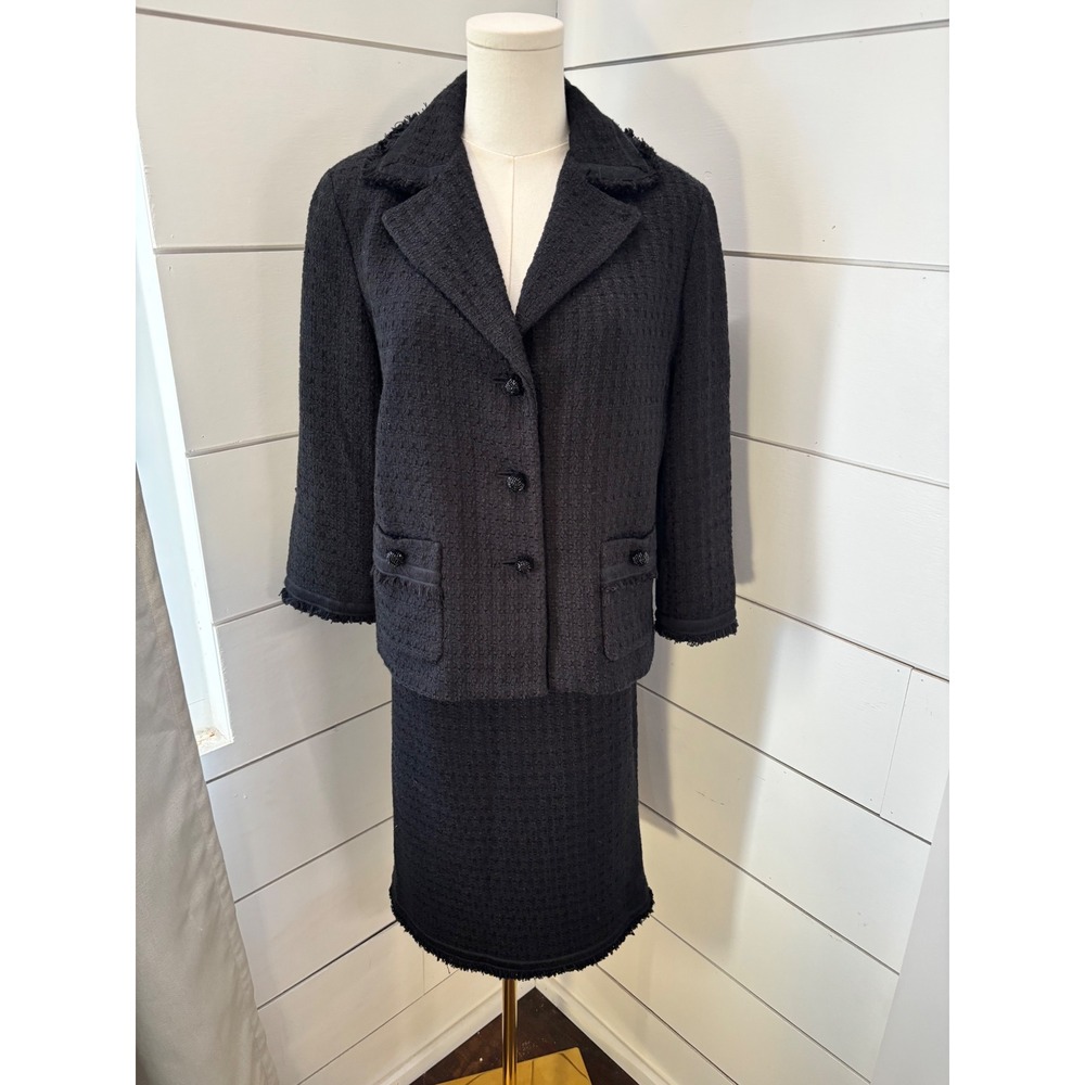 Talbots Skirt Suit Womens 10 Black Excellent Boucle Tweed Fringe Trim Set Career